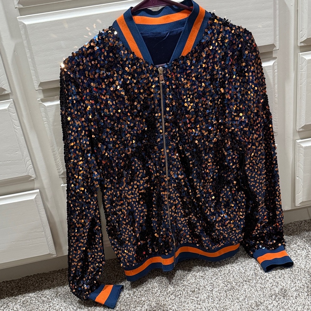 Navy and Orange Sequin Bomber Jacket